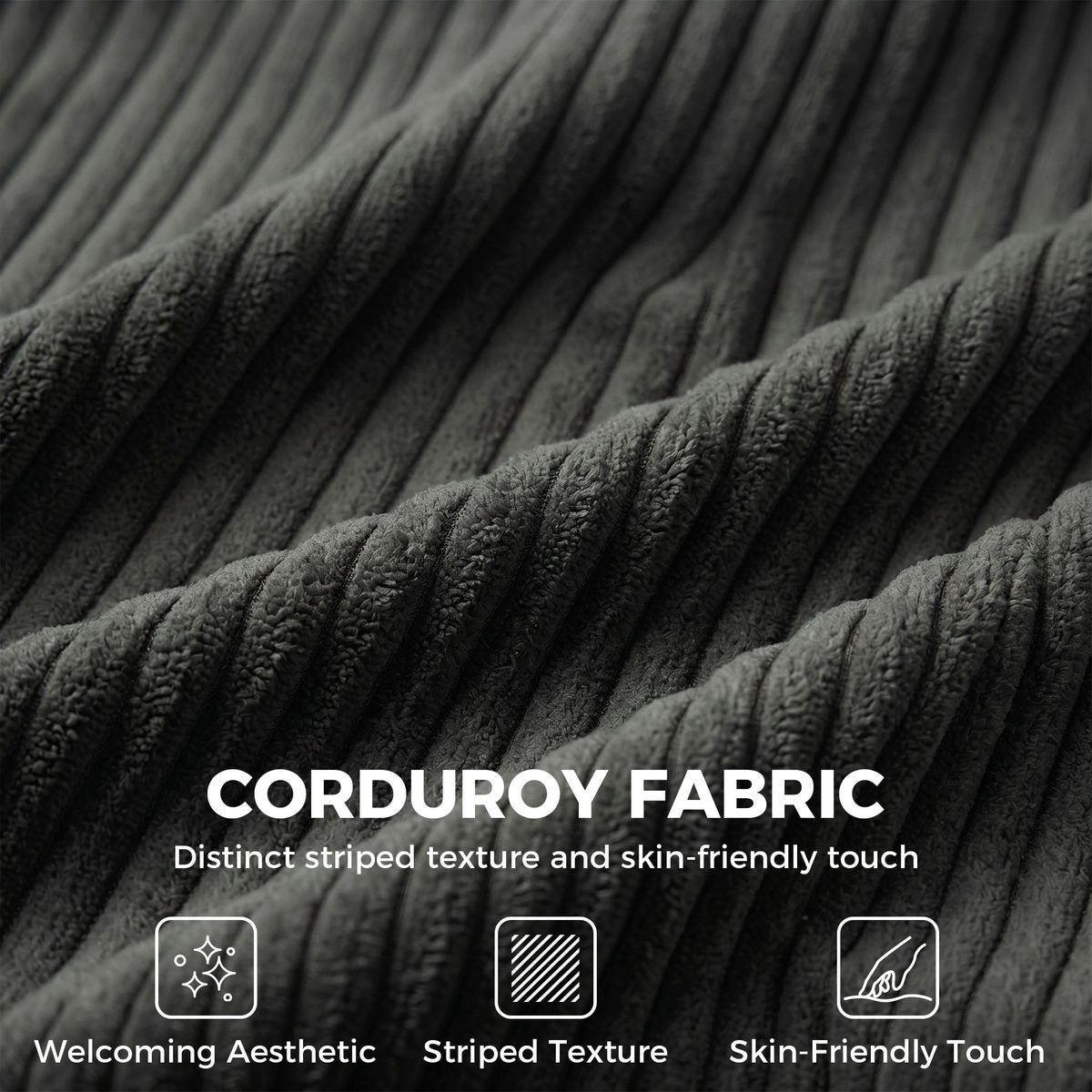  3 Seater Sofa with Wide Seat, Corduroy Couch with Deep Seat, Spring Cushion, Dark Grey