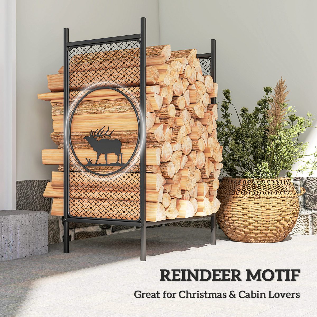  Firewood Rack Outdoor, 19" Heavy Duty Metal Fireplace Log Holder with Mesh Sides and Decorative Deer Patterns