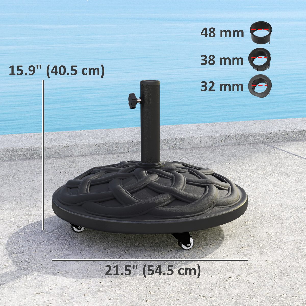 Round Patio Umbrella Base with Wheels, 44 lbs Resin Umbrella Stand Base, 1.3"/1.5"/1.9" Umbrella Poles Black