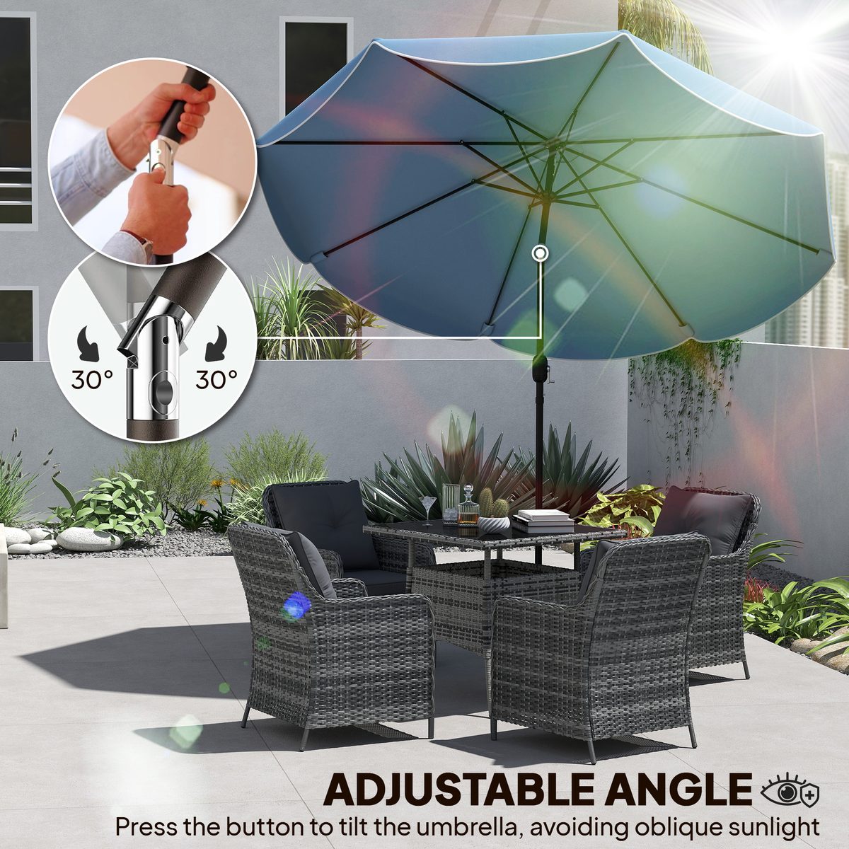  9' x 9' Round Market Umbrella with Valance, Patio Umbrella with Tilt and Crank, for Garden, Deck, Poolside, Sky Blue