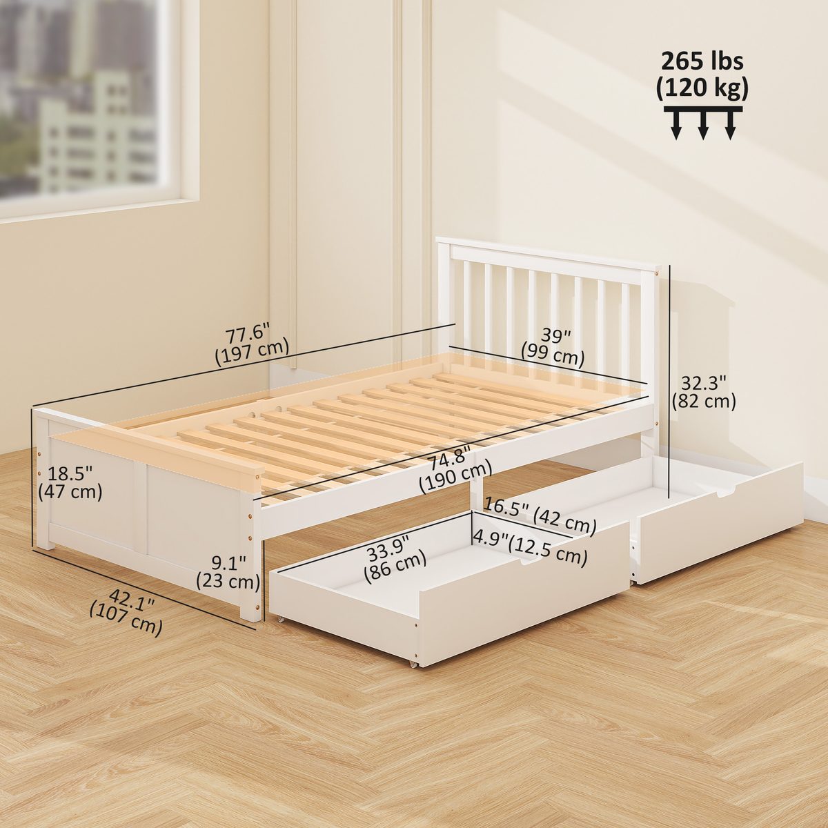  Pine Twin Bed Frame, Wood Storage Bed Frame with Drawers, Wood Slat Support, No Box Spring Needed, Easy Assembly, White