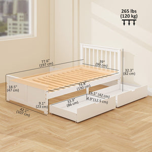  Pine Twin Bed Frame, Wood Storage Bed Frame with Drawers, Wood Slat Support, No Box Spring Needed, Easy Assembly, White