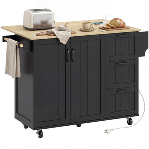  Kitchen Island with Drop Leaf, Rolling Kitchen Cart with Power Outlet, Cabinet, 3 Drawers, Spice Rack, Towel Bar, Black