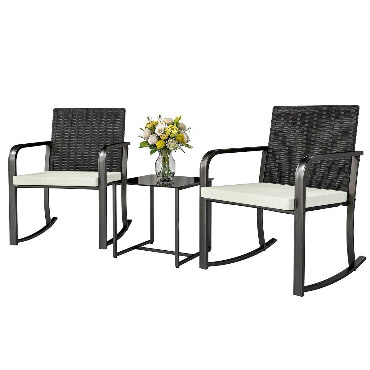  3 Pieces Rocking Bistro Set Outdoor Patio Furniture Set with Cushions, Glass Coffee Table for Balcony, Cream White