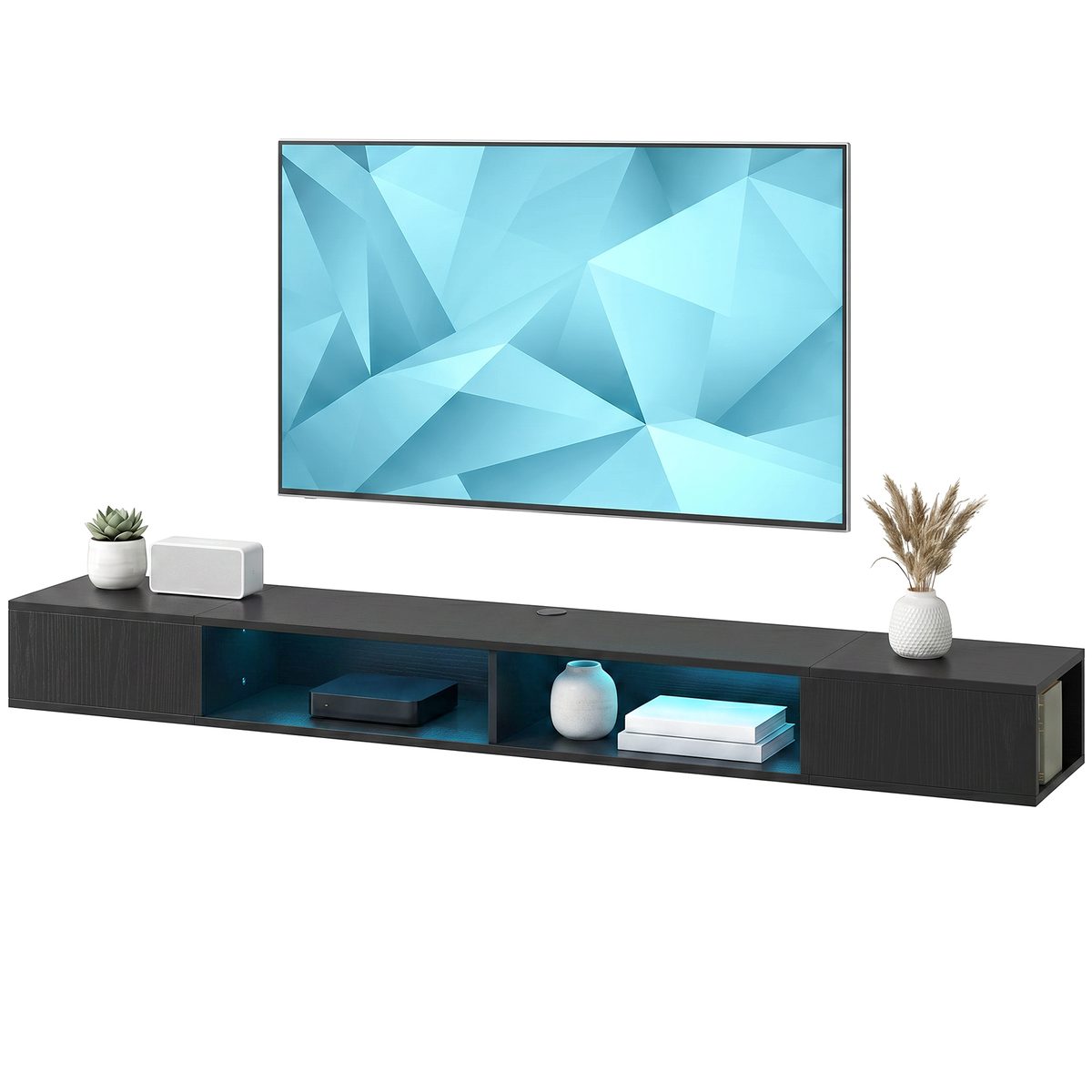  TV Stand with RGB LED Lights, Entertainment Center with Open Shelves for 75 Inch TV, Black Wood Grain