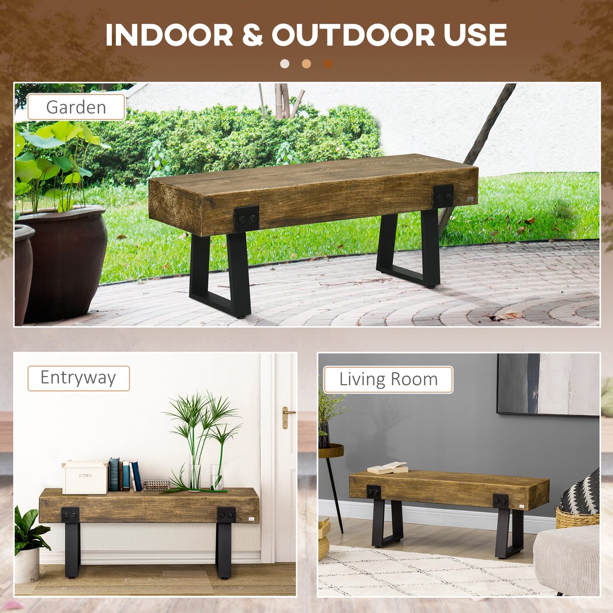  Outdoor Bench, Garden Bench with Metal Legs, Rustic Wood Effect Concrete, Indoor or Outdoor Use for Patio, Park, Porch and Lawn, Natural and Black
