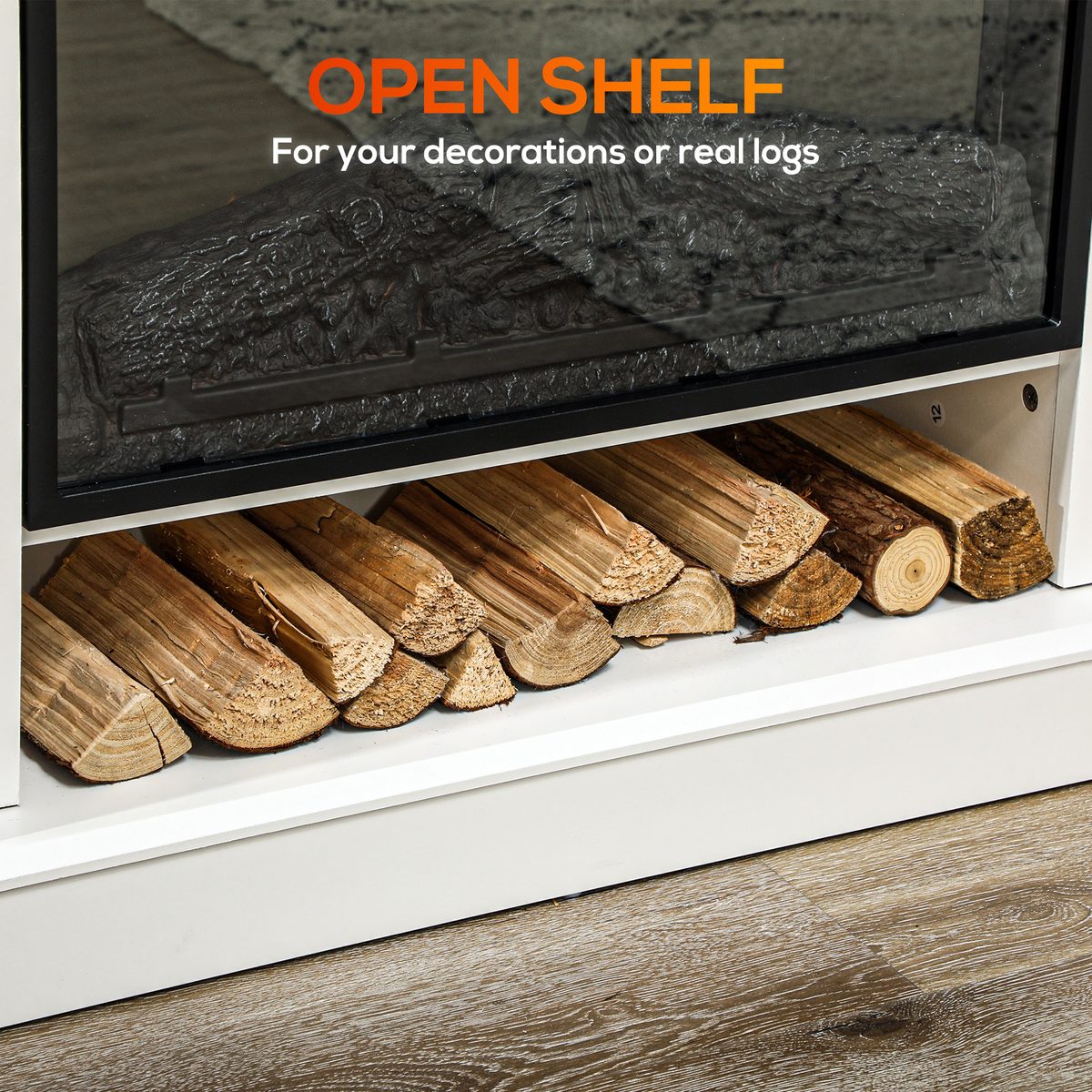  46" Electric Fireplace with Mantel and Shelf, 1400W Fireplace Heater with Realistic Log and Flame Effect, White