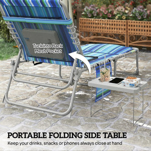  Tanning Chair with Face Hole and Side Table, Folding Outdoor Lounge Chair with Carry Straps, Side Pocket, Blue Stripe