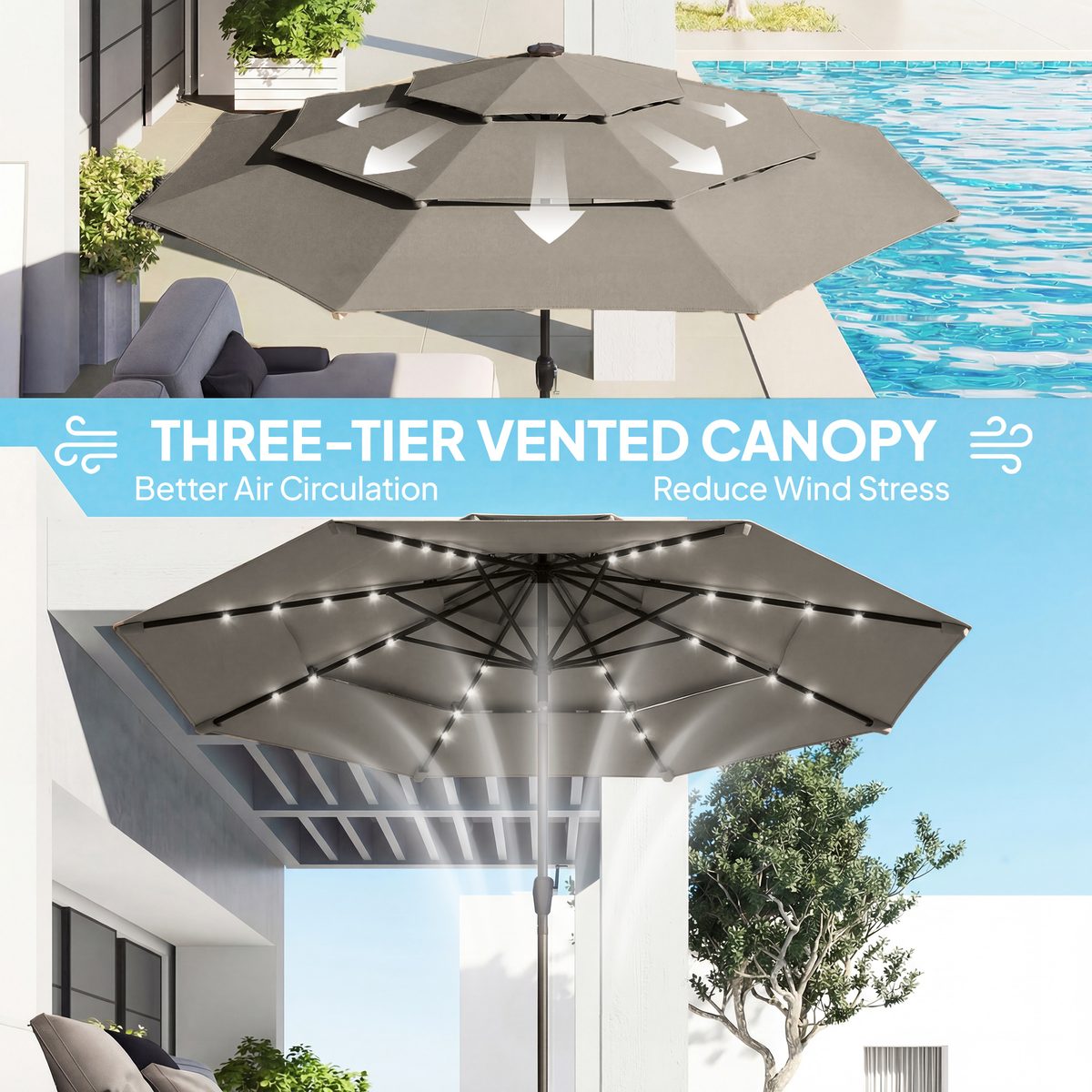  9.3 ft Patio Umbrella with Solar LED Lights, Cover, 3 Tier Outdoor Market Table Parasol with Tilt, Crank, Grey