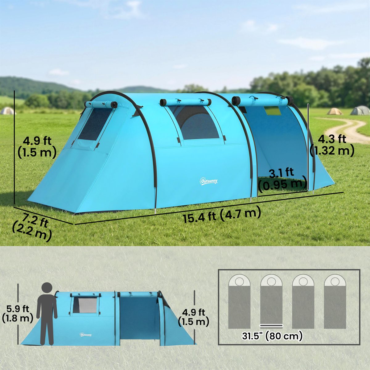  3-4 Person Camping Tent with 2 Rooms, 3000mm Waterproof Portable Family Tent with Carry Bag, Sky Blue