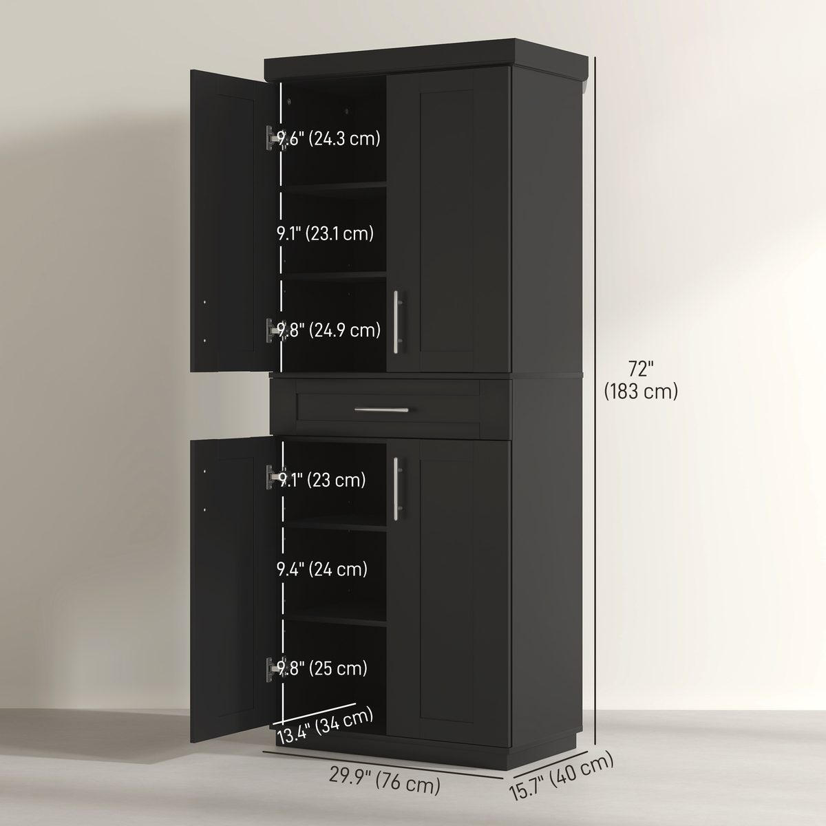  72" Storage Cabinet, Freestanding Kitchen Pantry Cabinet with 4 Doors, Drawer and 3 Adjustable Shelves, Black