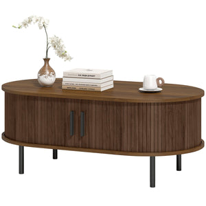 Coffee Table with Sliding Tambour Doors and Storage Center Table with Metal Legs, 39", Brown