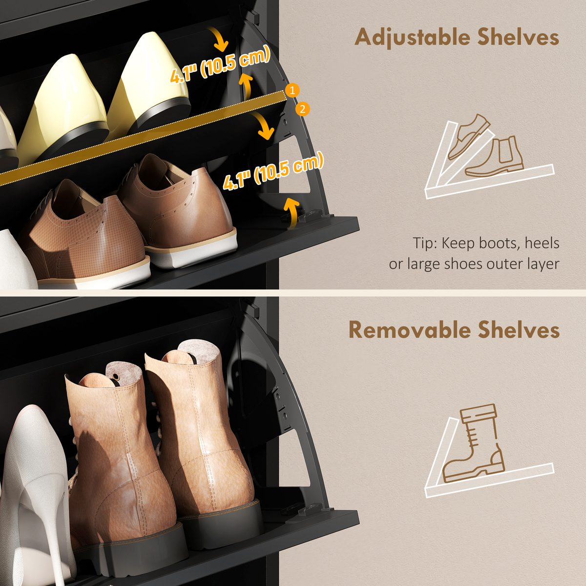  Shoe Cabinet with 2 Large Flip Drawers, Farmhouse Narrow Shoe Storage Cabinet with 2 Top Compartments, Black