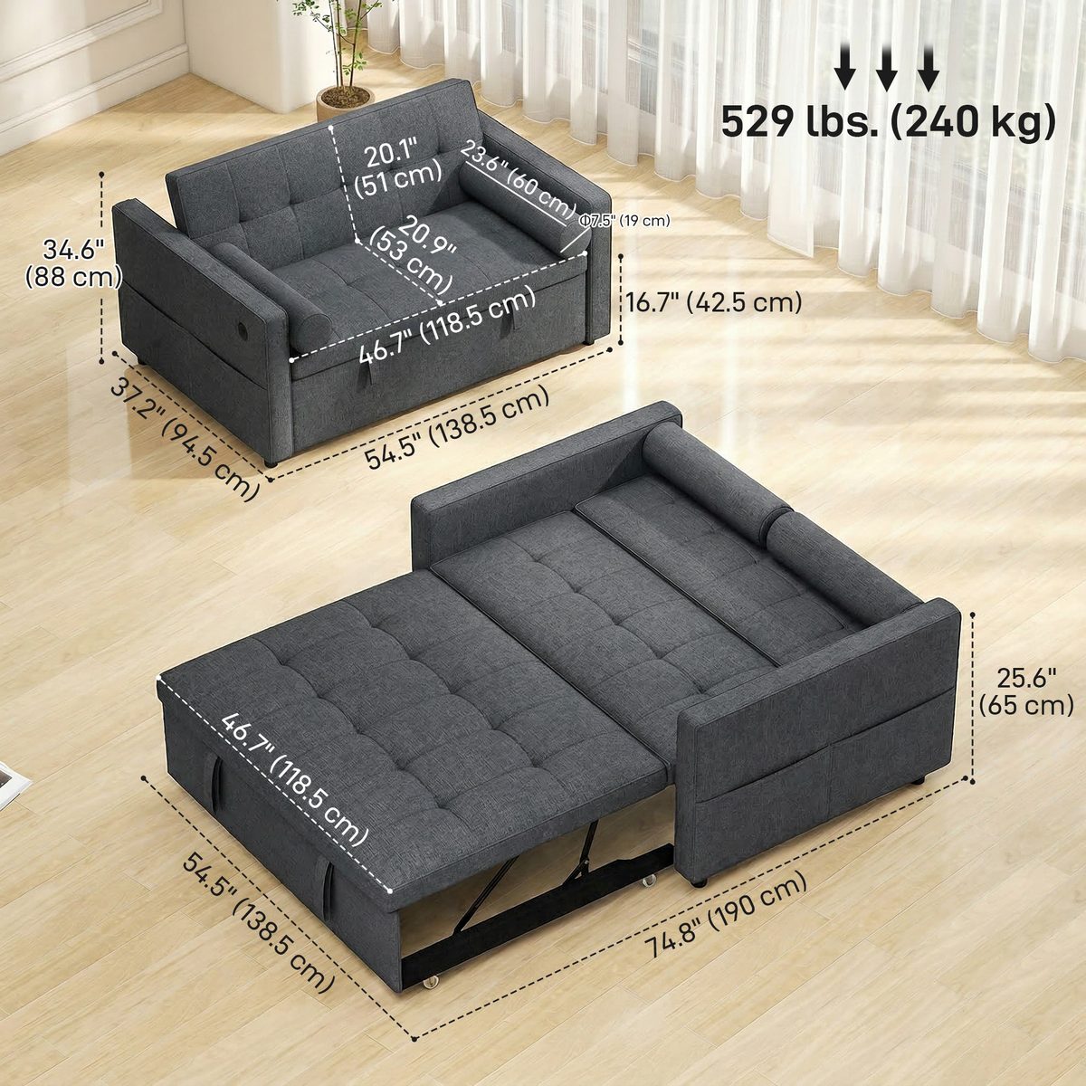  Pull Out Sofa Bed, Sleeper Sofa Couch with USB Ports, Small Linen Loveseat Futon Couch for Living Room, Dark Grey