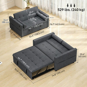  Pull Out Sofa Bed, Sleeper Sofa Couch with USB Ports, Small Linen Loveseat Futon Couch for Living Room, Dark Grey