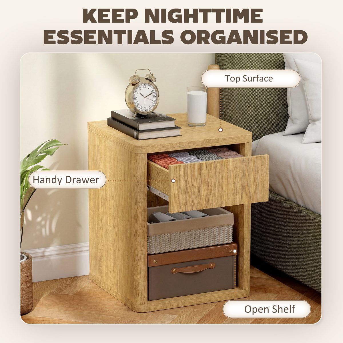  Nightstand with Drawer and Open Shelf, Modern Bedside Table Set of 2 for Bedroom Living Room, Oak