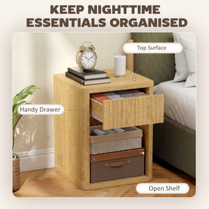  Nightstand with Drawer and Open Shelf, Modern Bedside Table Set of 2 for Bedroom Living Room, Oak