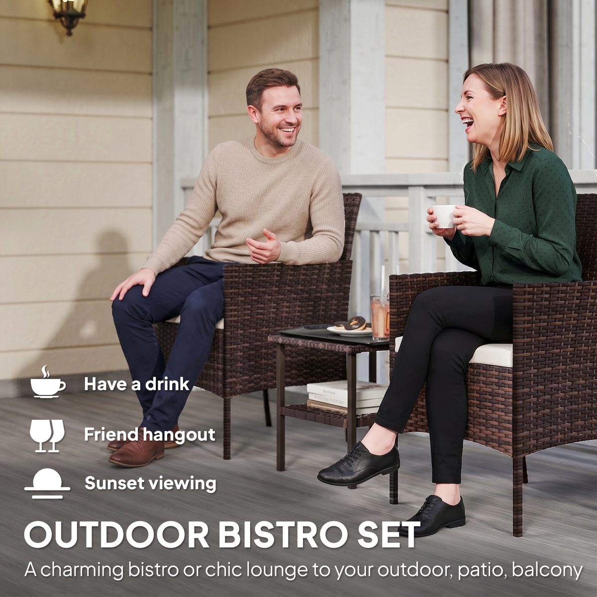  Wicker Bistro Set, 3 Piece Patio Furniture Set with 2-Tier Glass Top Table, Cushions for Balcony, Porch, Beige