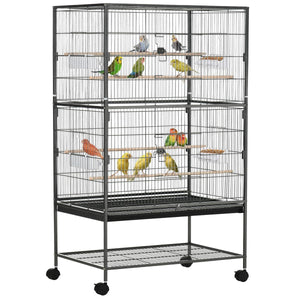  52'' Large Rolling Steel Bird Cage Bird House with Rolling Stand, Storage Shelf, Wood Perch, Food Container, Dark Grey