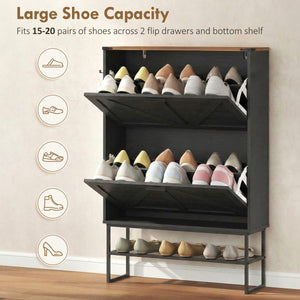  Narrow Shoe Storage Cabinet with 2 Flip Drawers, Slim Shoe Cabinet for 15-20 Pairs, Black Wood Grain