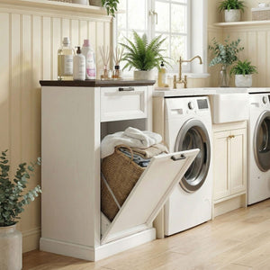  10 Gallon Trash Can Cabinet with Drawer, Farmhouse Tilt Out Garbage Cabinet Laundry Hamper, White Wood Effect