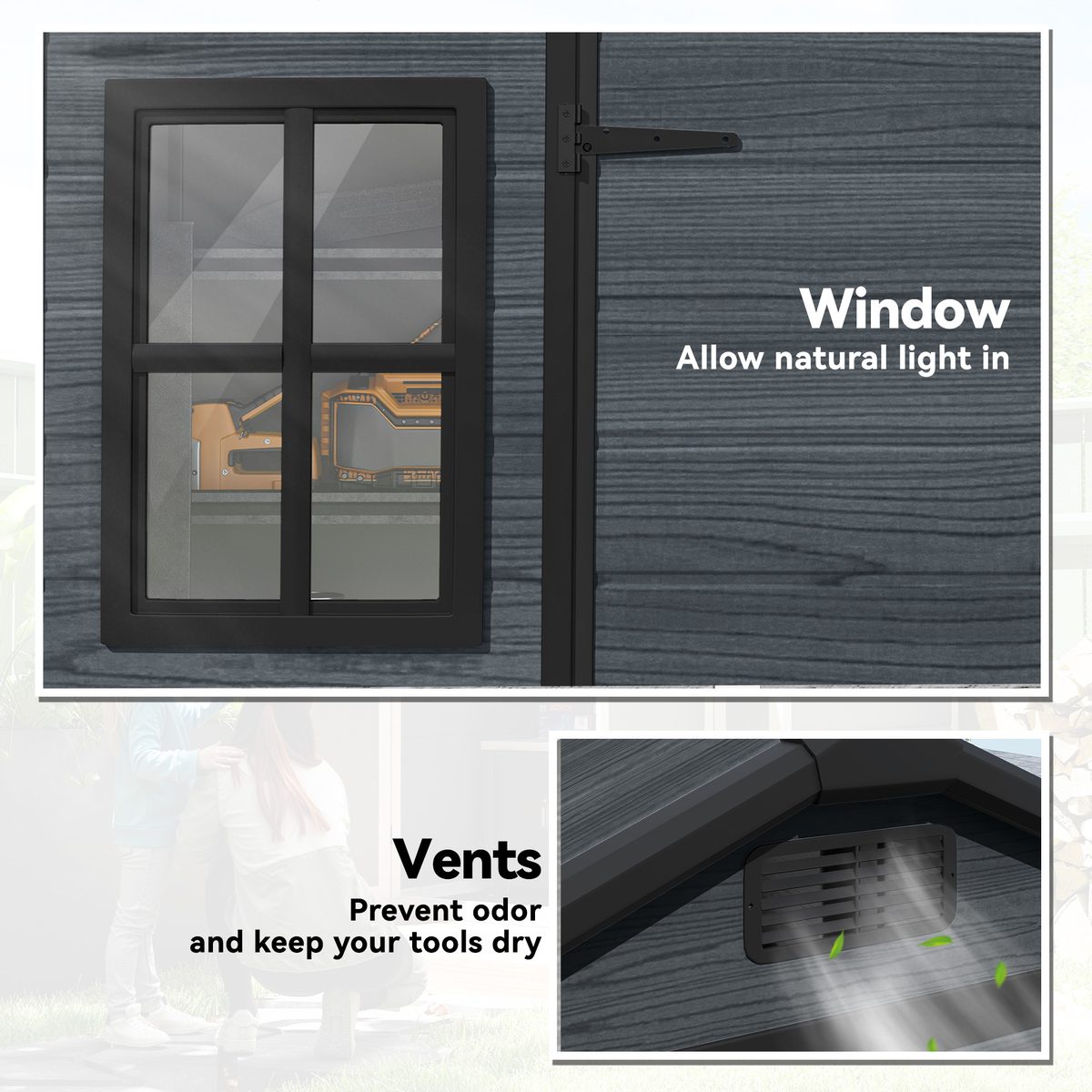  8 x 4 ft Plastic Garden Shed, Wood-Effect Outdoor Storage Shed with Floor, Windows, Lockable Doors and Vents, Dark Grey