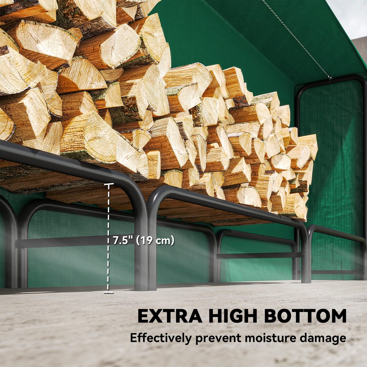  Firewood Rack with Waterproof Cover, 500 kg Log Storage Holder with Steel Chains, 142" x 14" x 39", Dark Green