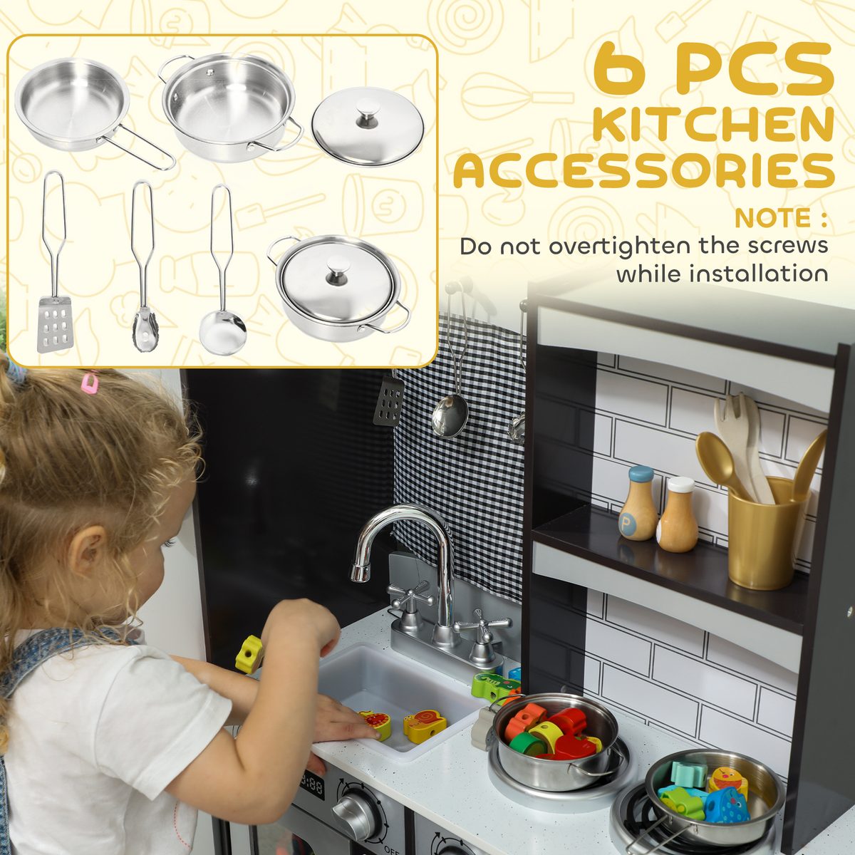 Qaba Play Kitchen for Kids, Pretend Kids Kitchen Playset with Switch Knob Sound, Accessories for Ages 3-8 Years, Dark Brown