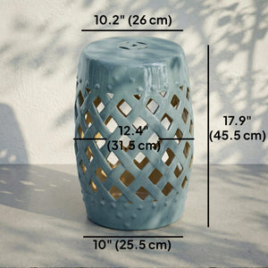  12.4" x 17.9" Ceramic Garden Stool with Woven Lattice Design, Indoor & Outdoor Decorative Accent Stool, Blue