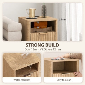  Nightstands Set of 2, Modern Bedside Tables with Charging Station, 2 Drawers and Open Shelf, Oak