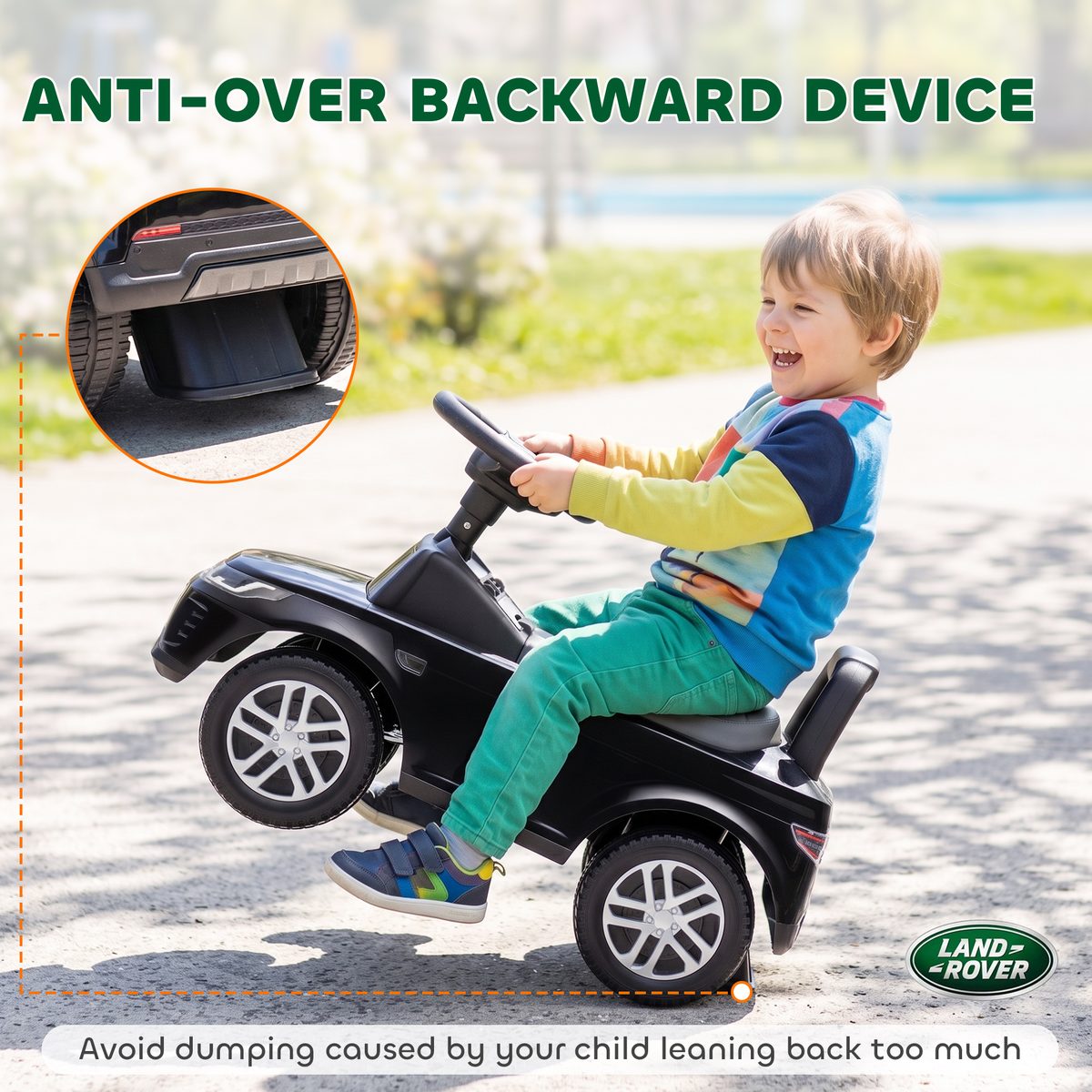 Qaba Licensed Land Rover Ride on Push Car with Anti-Tip Device, Under-Seat Storage, Horn, Engine Sounds for 18-36 M, Black