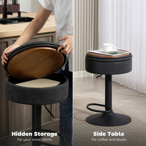  Set of 2 Barstools with Storage, Swivel Bar Stools with PU Leather Upholstered, Footrest, Steel Base, Black