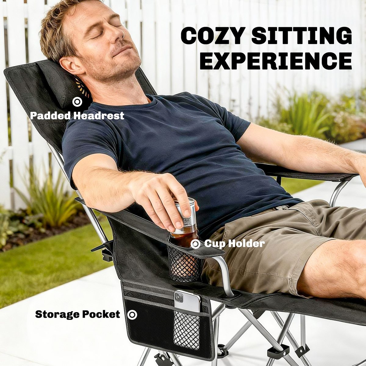  Set of 2 Reclining Camping Chair with Foot Rest, Folding Camping Chair w/ Headrest, Cup Holder, Storage Bag, Black