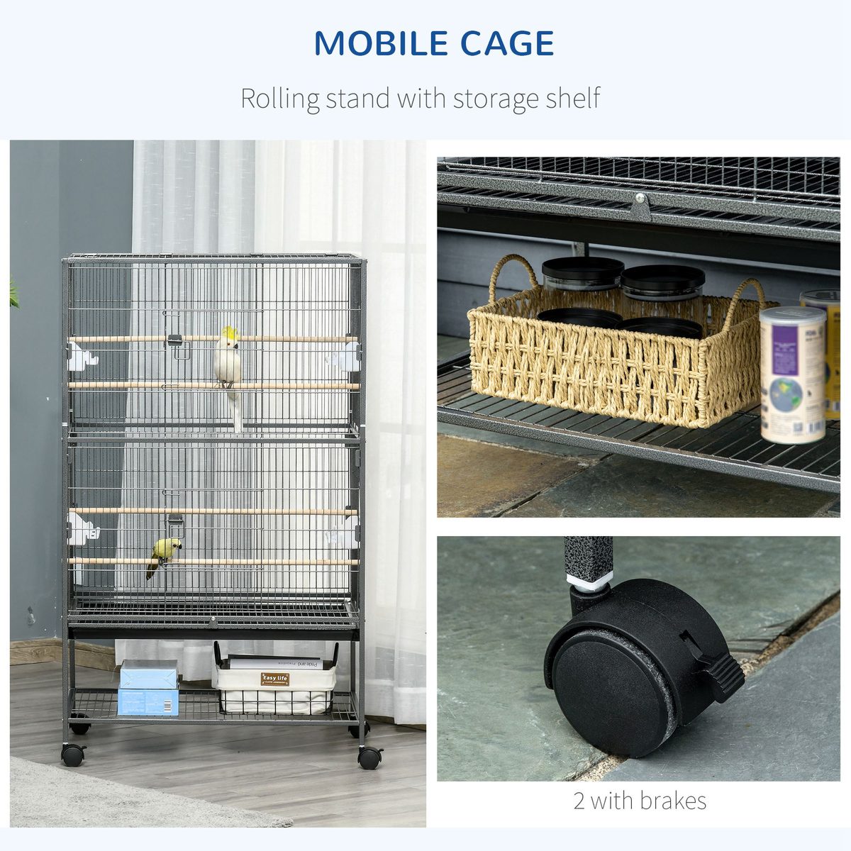  52'' Large Rolling Steel Bird Cage Bird House with Rolling Stand, Storage Shelf, Wood Perch, Food Container, Dark Grey