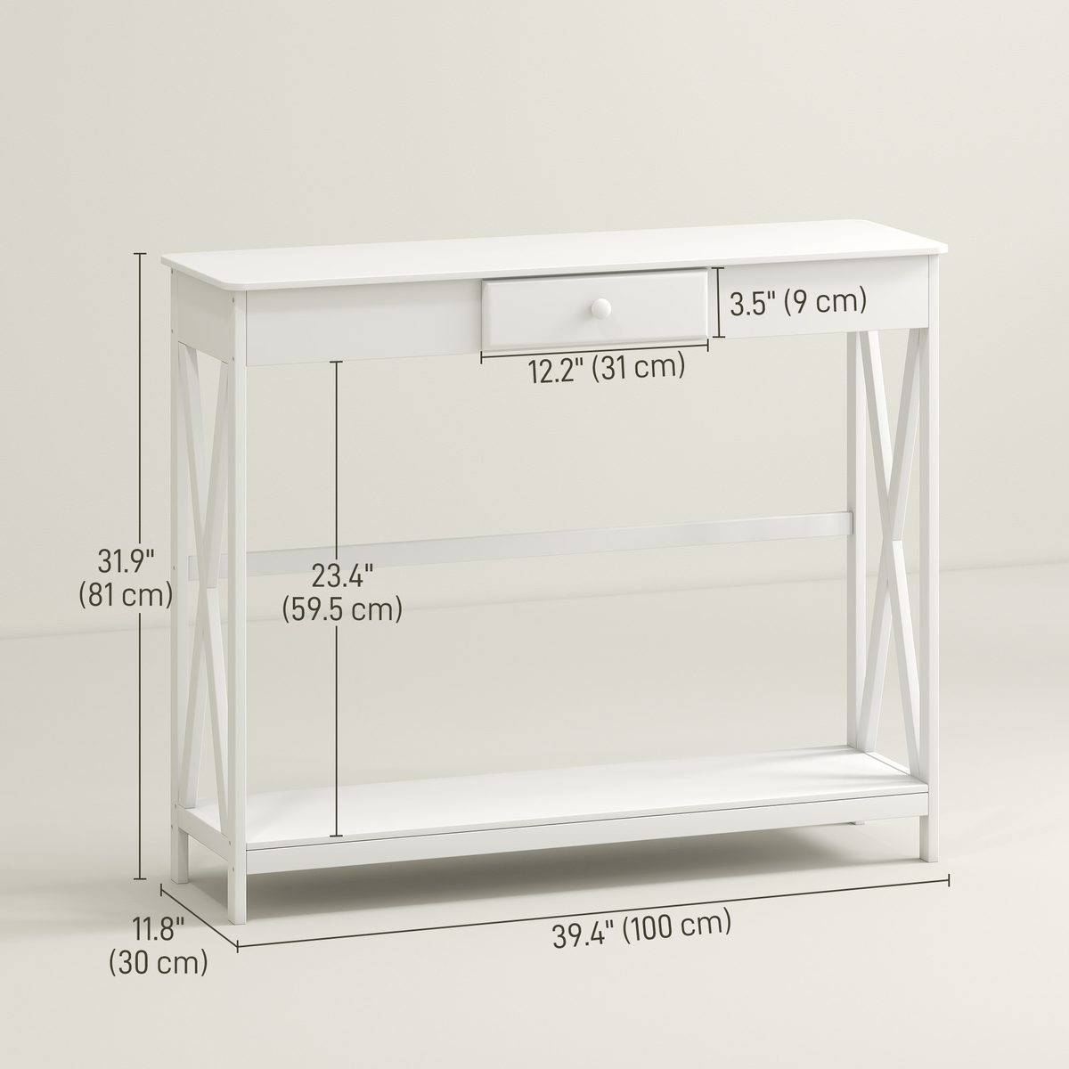 39" Console Table, 2 Tier X-Design Narrow Entryway Table with Drawer and Storage Shelf for Behind Couch, Living Room, Hallway, White
