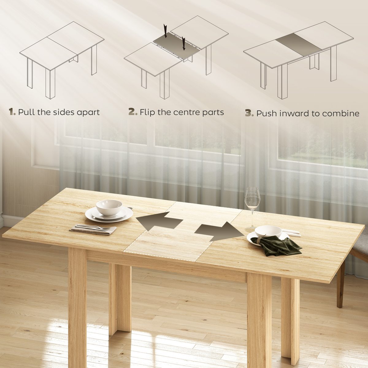 Modern Extendable Dining Table, 55.1 x 31.5 in, for 6-8 People, Expandable Dining Table for Kitchen, Natural Wood