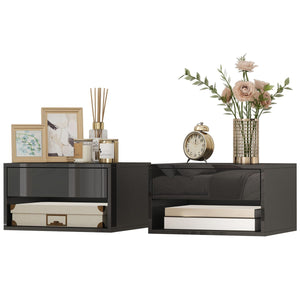  Floating Bedside Tables Set of 2, Wall-Mounted Nightstand, High Gloss Black