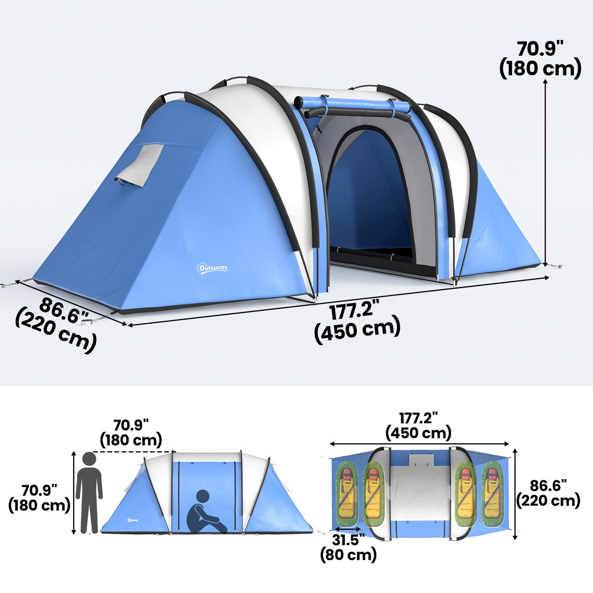  Camping Tent with 2 Bedrooms and Living Area, 3000mm Waterproof Family Tent, for Fishing Hiking Festival, Blue