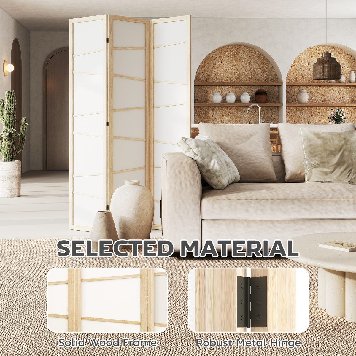  66.9" Folding Room Divider, 3 Panel Wall Partition with Wood Frame for Bedroom, Home Office, Natural Wood