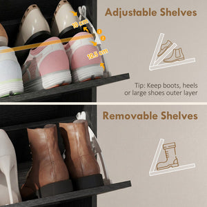 Narrow Shoe Storage Cabinet with 2 Flip Drawers, Slim Shoe Cabinet for 15-20 Pairs, Black Wood Grain
