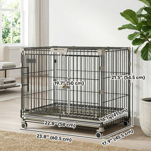  Dog Crate, 24 Inch Metal Dog Cage with Removable Tray, Lockable Wheels, 2 Doors for Small Breeds, Black