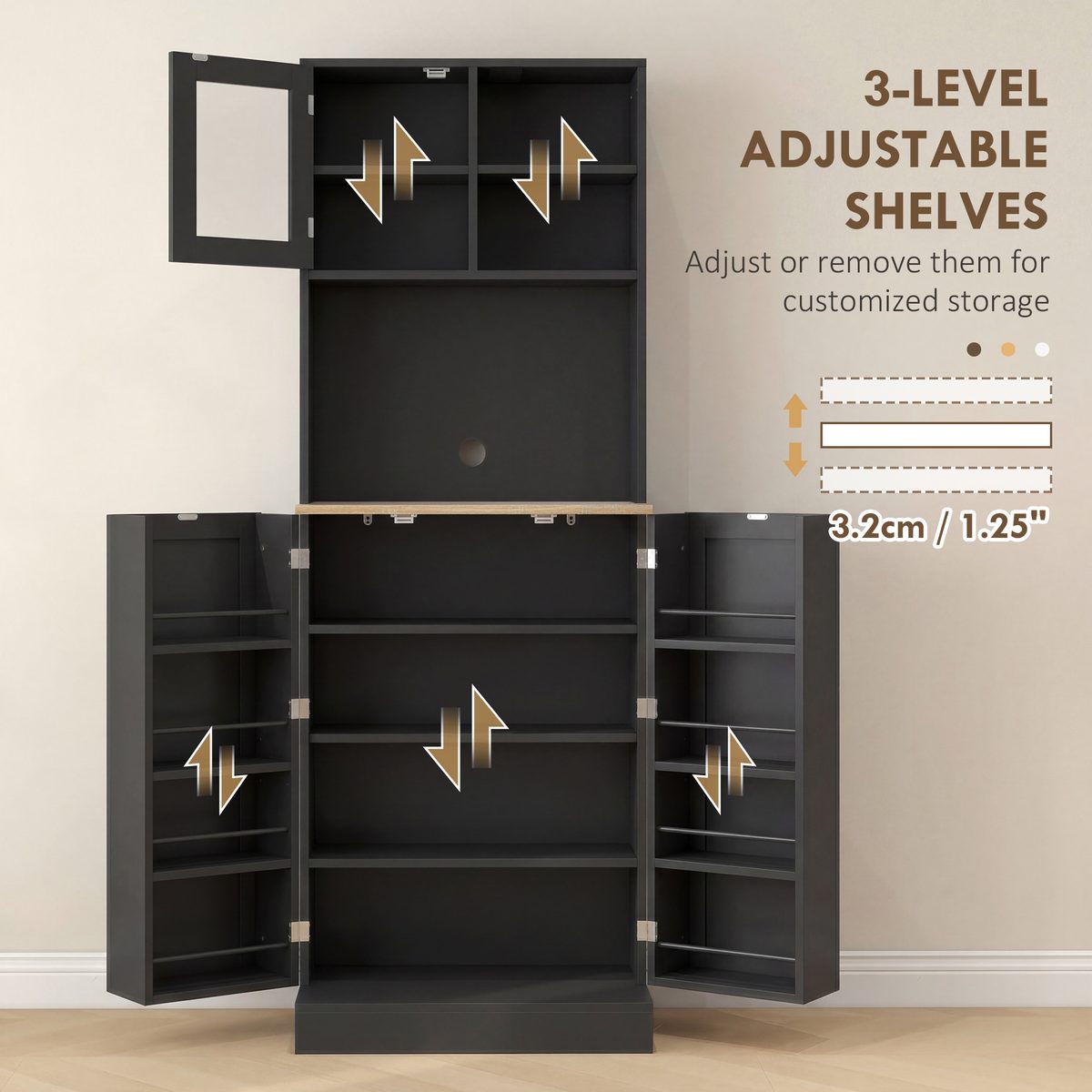  66.5" Tall Kitchen Pantry Cabinet, Kitchen Hutch, Microwave Cabinet with Adjustable Shelves for Dining Room, Black