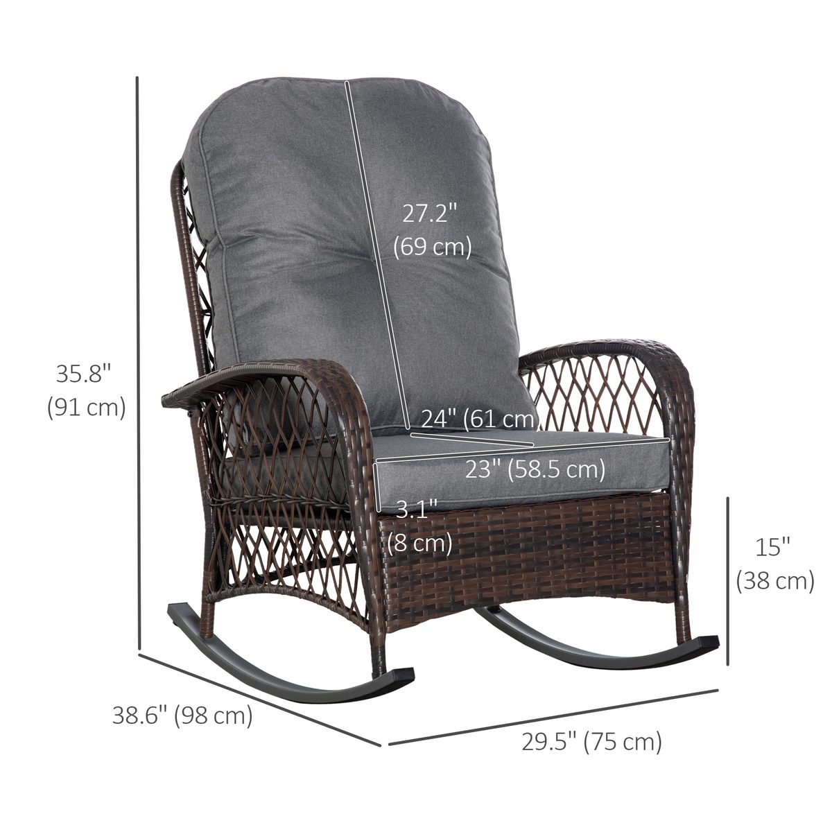  Rattan Rocking Chair, Outdoor Wicker Patio Rocker Chair Furniture with Thick Cushions, for Garden Backyard Porch, Grey