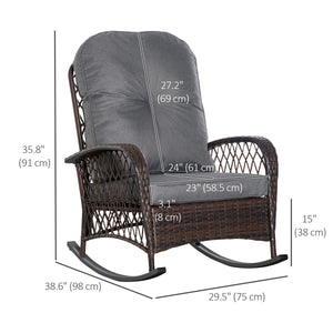  Rattan Rocking Chair, Outdoor Wicker Patio Rocker Chair Furniture with Thick Cushions, for Garden Backyard Porch, Grey