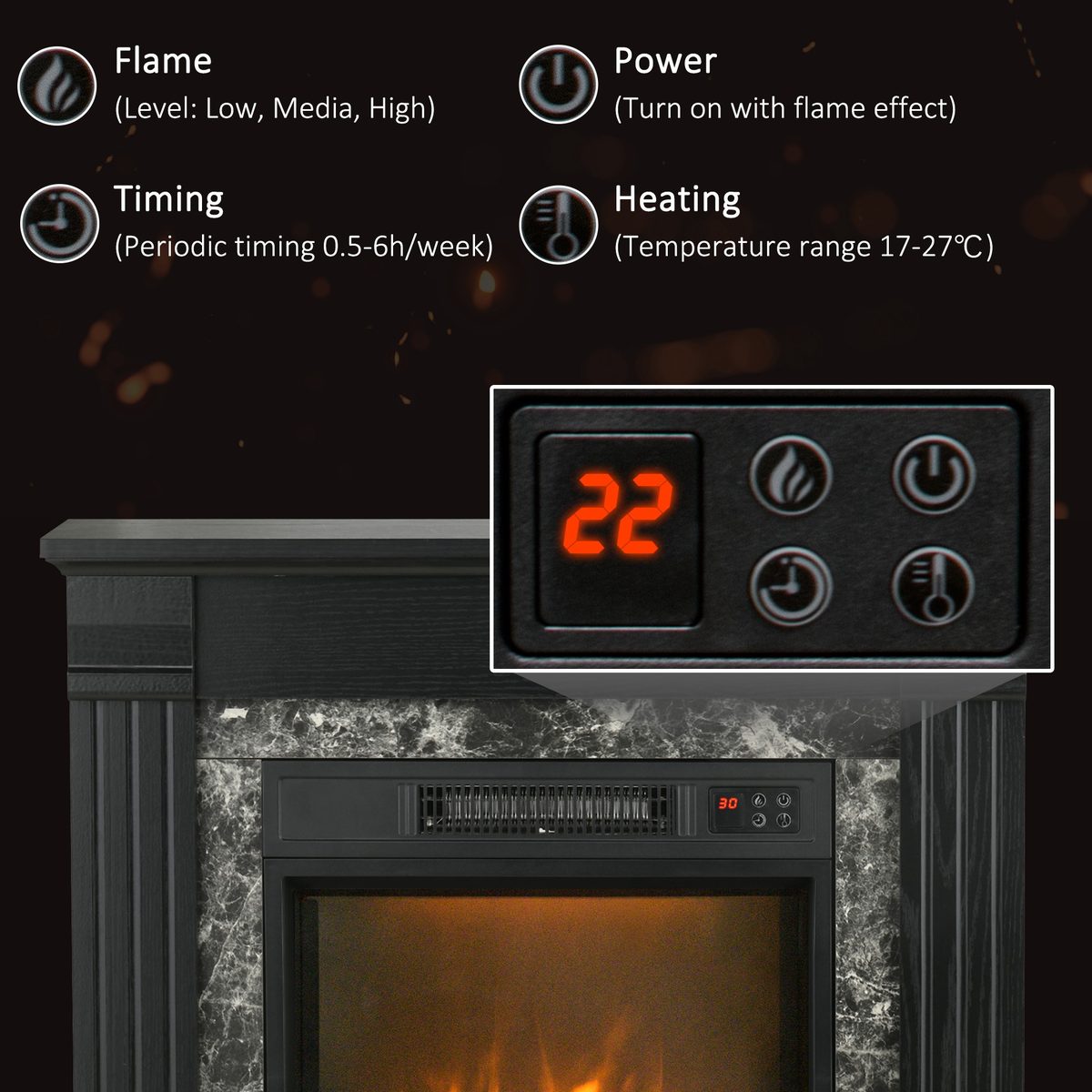  Electric Fireplace Mantel Wood Surround, Freestanding Fireplace Heater with Realistic Flame, Adjustable Temperature, Timer, Overheating Protection, and Remote Control, Black