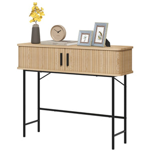  Mid-Century Entryway Table, Narrow Console Table with Storage Compartments for Behind Couch, Living Room, Oak and Black