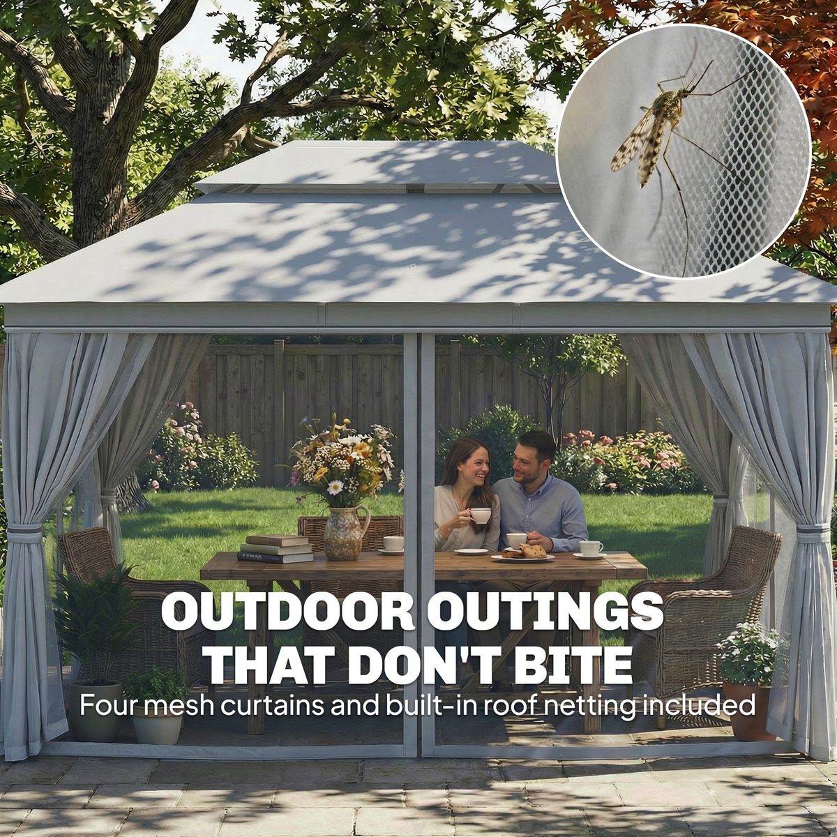  10' x 13' Patio Gazebo, UPF50+ Double Roof Outdoor Gazebo Canopy with Netting and Curtains, Steel Frame, Dark Grey