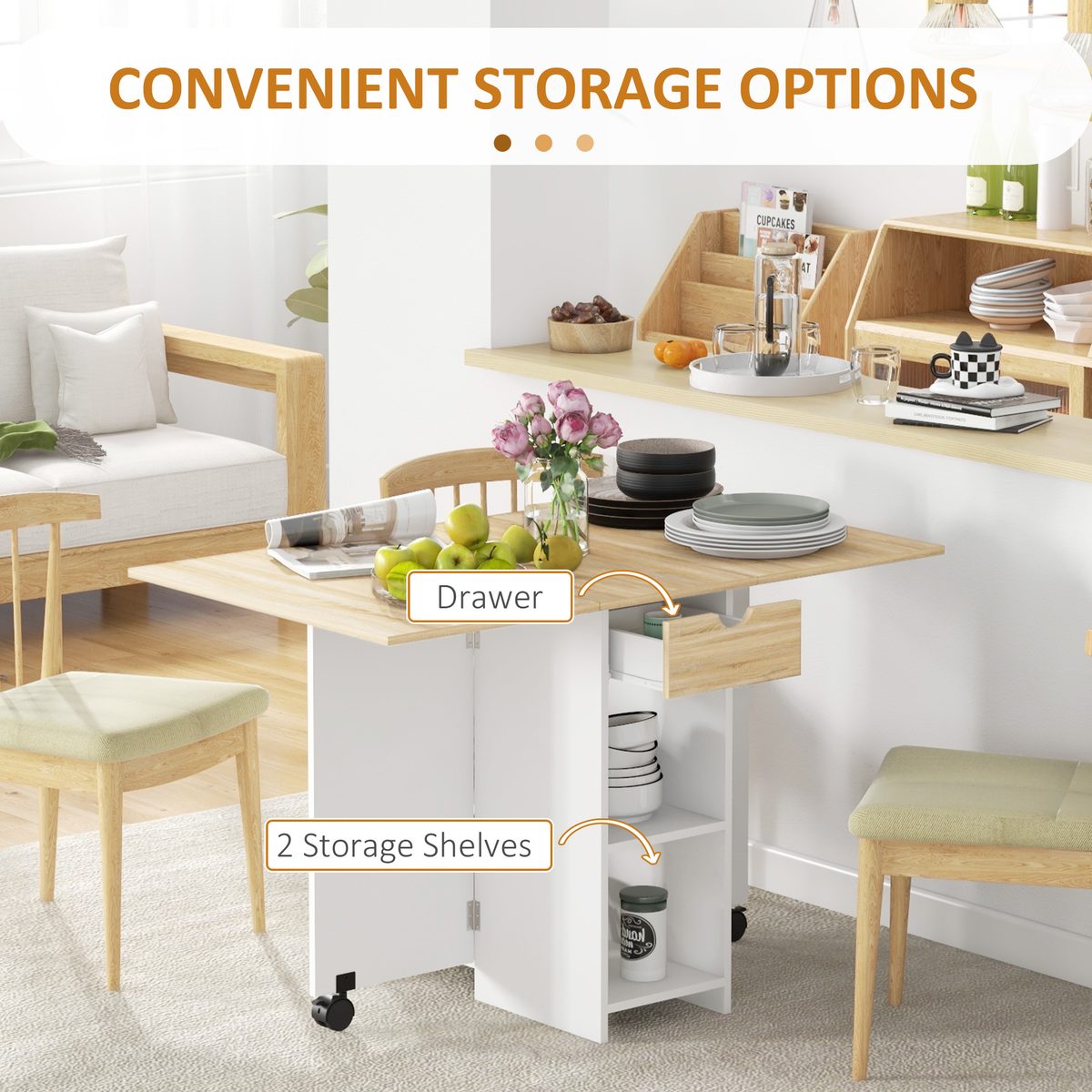  Folding Dining Table, Space Saving Drop Leaf Table with Drawer and Storage Shelves for Kitchen, Dining Room, Oak