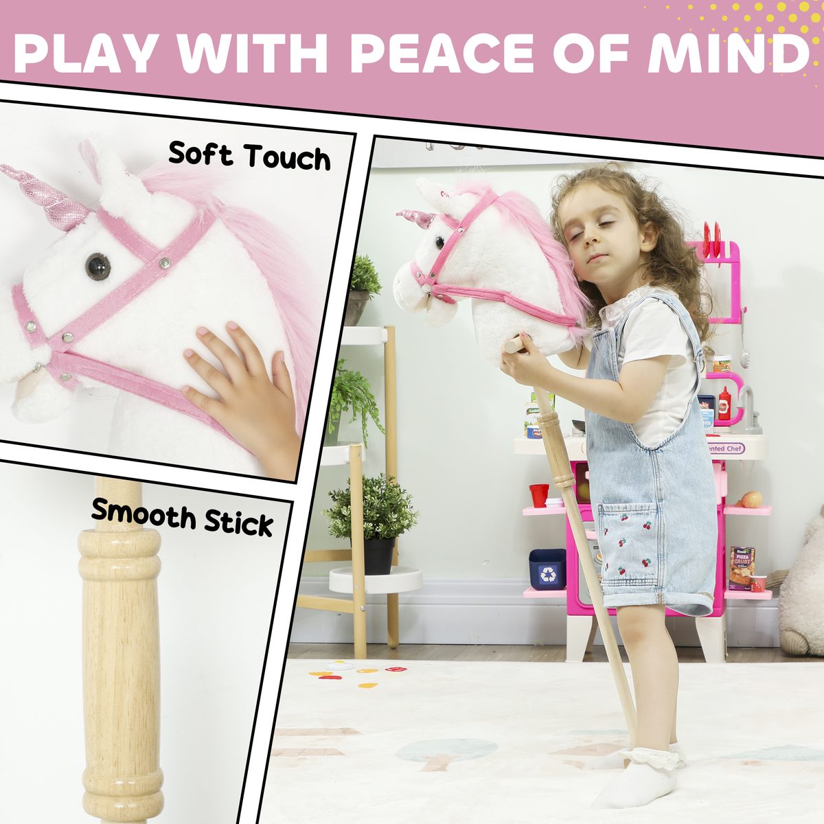 Qaba Unicorn Stick Horse, Plush Hobby Horse with Wood Wheels, Real Pony Neighing and Galloping Sounds, for Kids, White