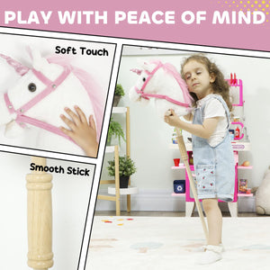 Qaba Unicorn Stick Horse, Plush Hobby Horse with Wood Wheels, Real Pony Neighing and Galloping Sounds, for Kids, White